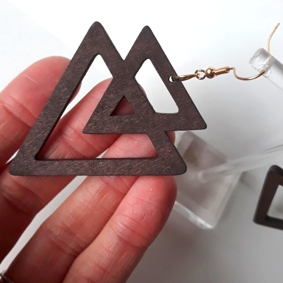 *2 for $15* Dark Triangle Wood Drop Earrings - Picture 2 of 6